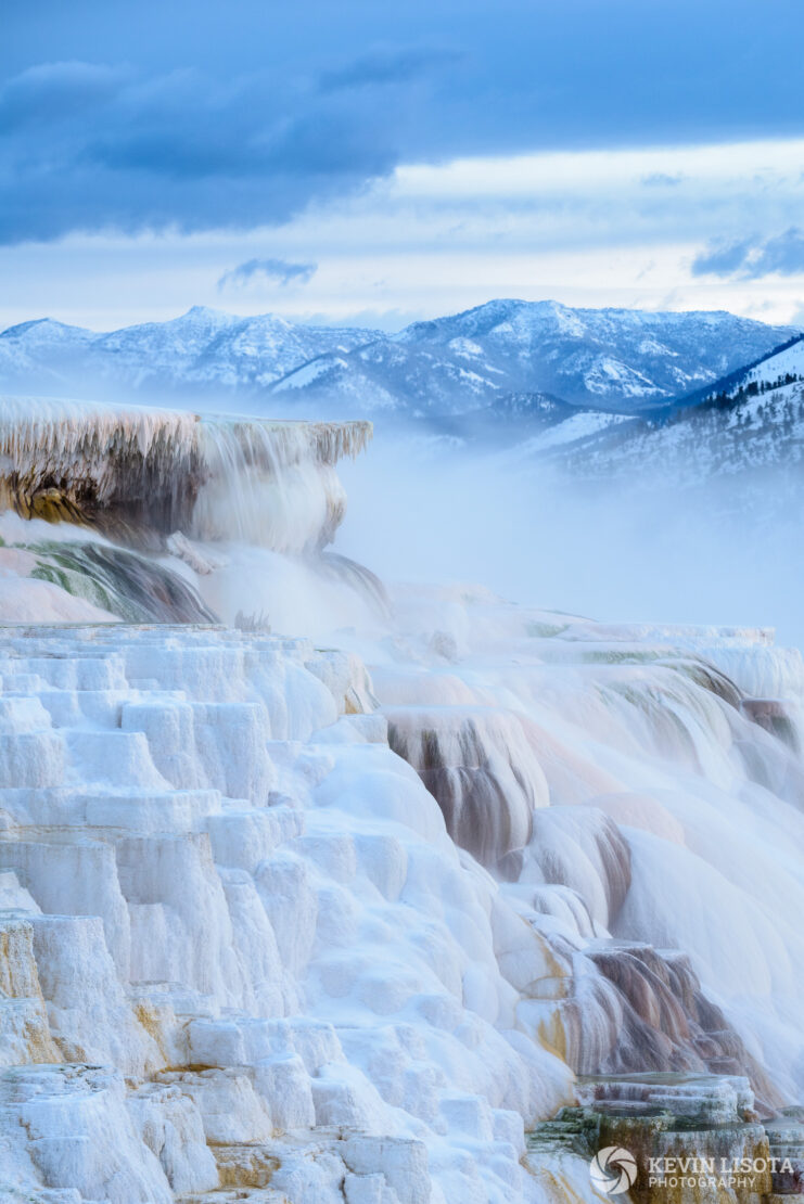 Travertine terraces at Mammoth Hot Springs, Yellowstone National Park in winter