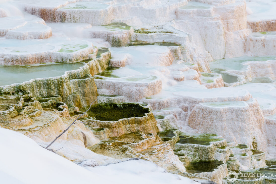 Travertine terraces at Mammoth Hot Springs, Yellowstone National Park in winter