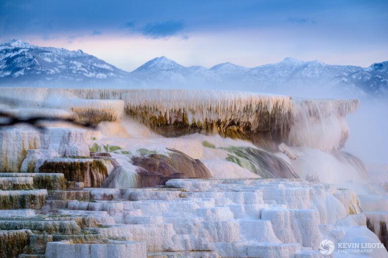 Travertine terraces at Mammoth Hot Springs, Yellowstone National Park in winter