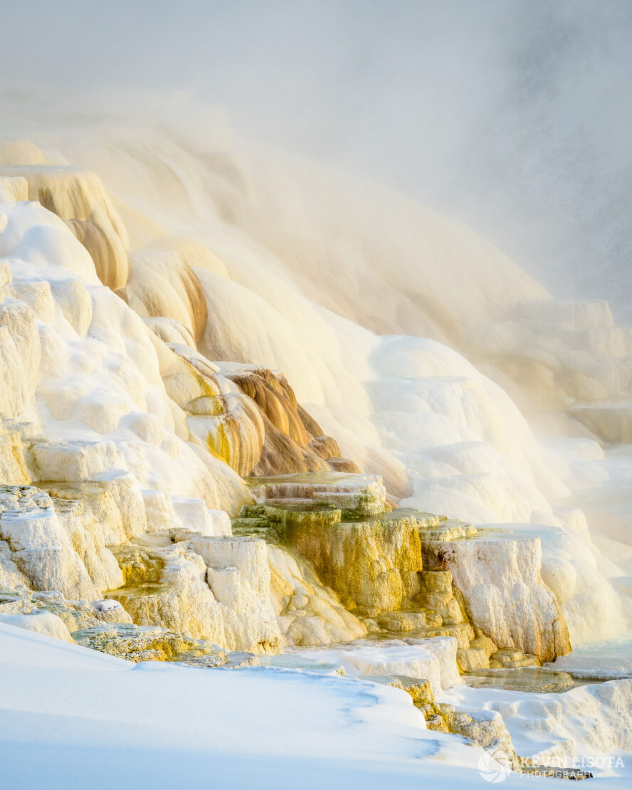 Travertine terraces at Mammoth Hot Springs, Yellowstone National Park in winter