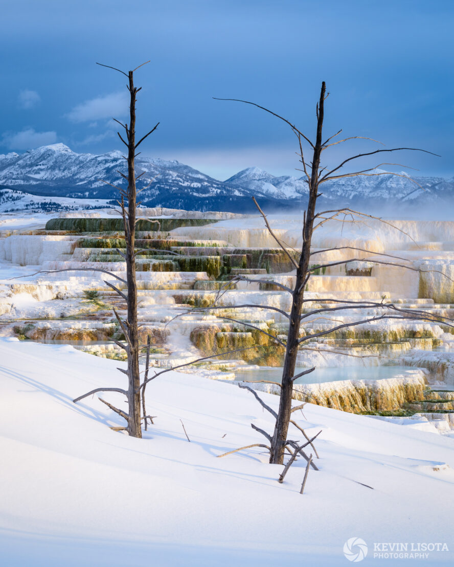 Travertine terraces at Mammoth Hot Springs, Yellowstone National Park in winter