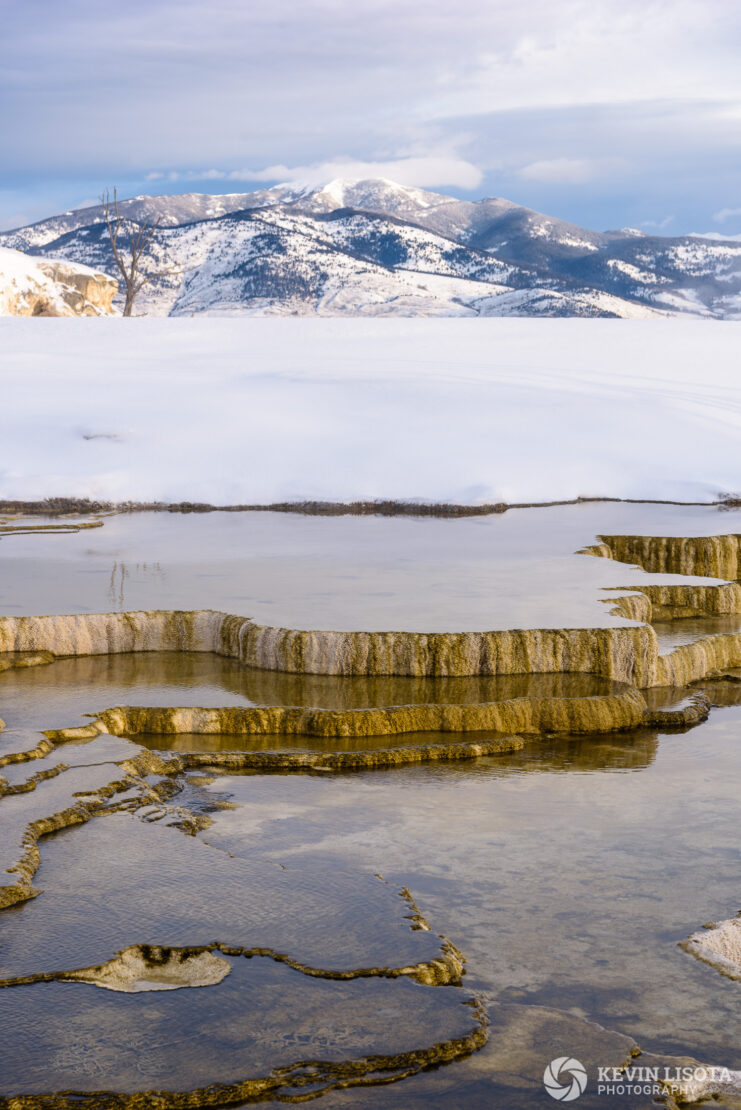 Upper travertine terraces at Mammoth Hot Springs, Yellowstone National Park in winter