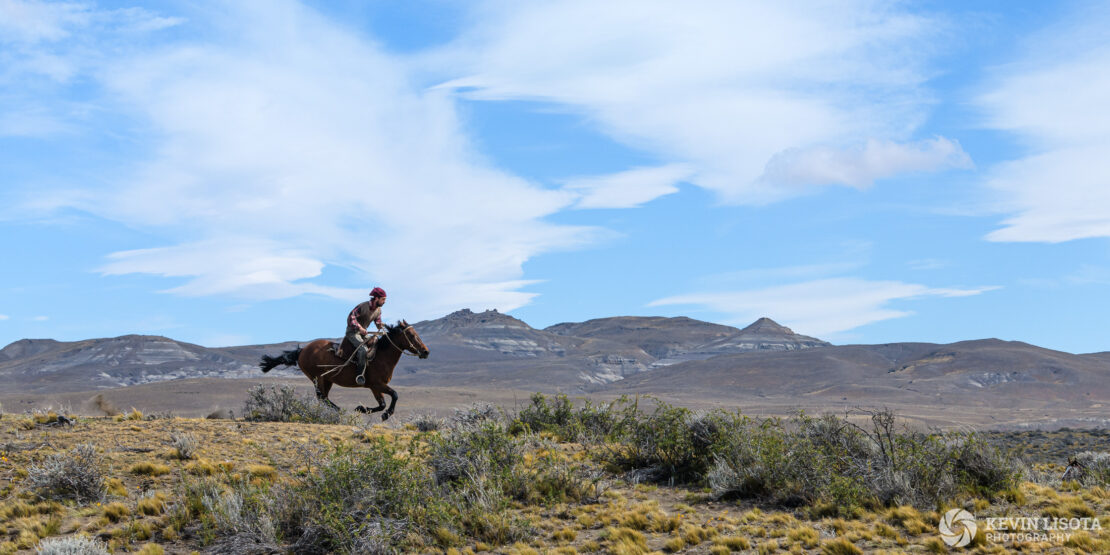 Gaucho gallops across the Patagonia plains on horseback